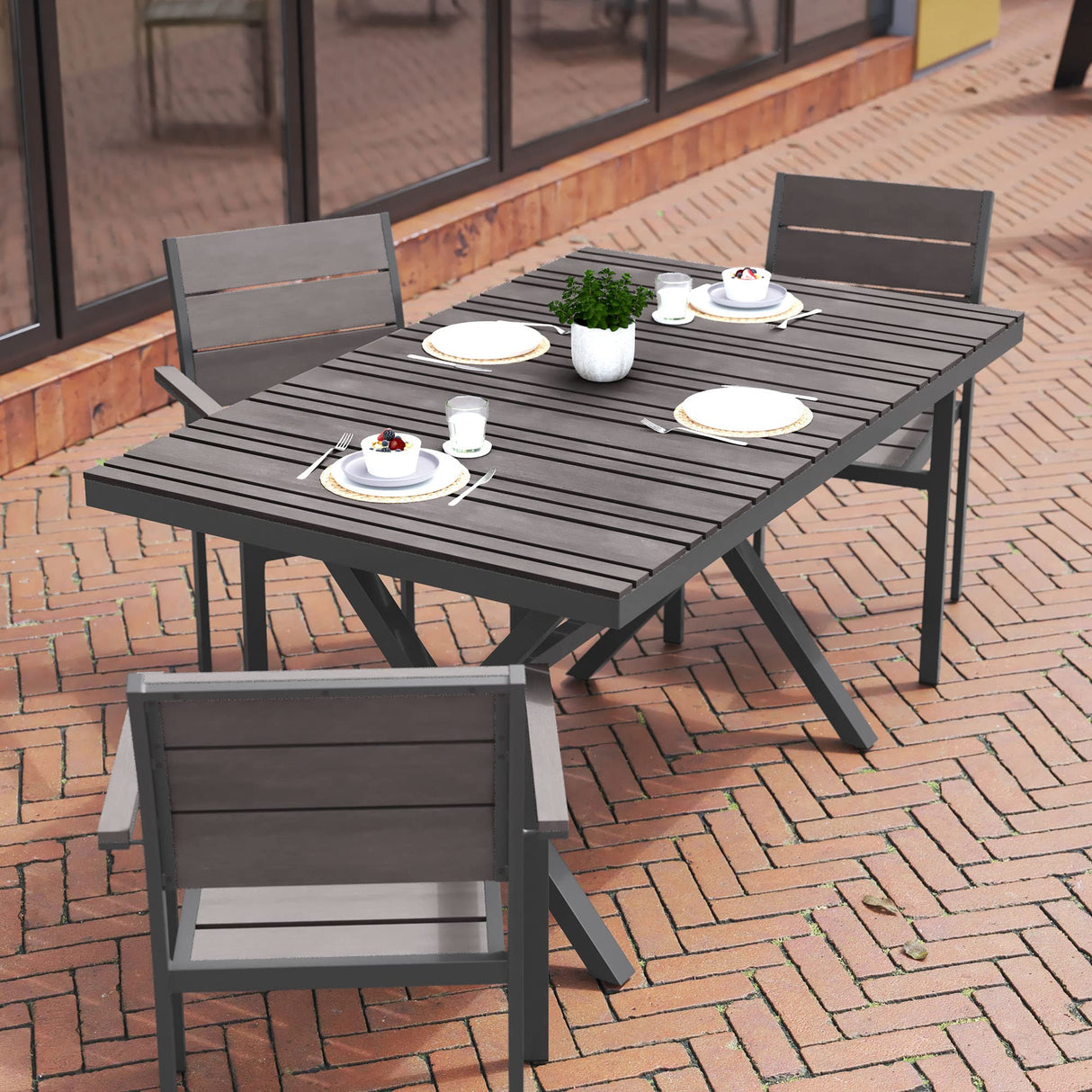 Flash Furniture Finch Commercial Grade X-Frame Outdoor Dining Table 59" x 35.5" with Faux Teak Poly Slats and Metal Frame, Gray/Gray Flash Furniture