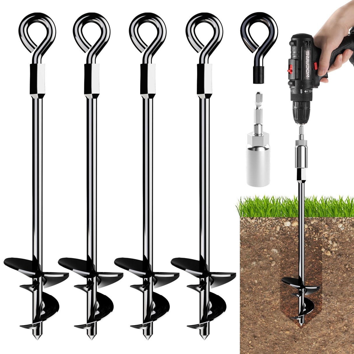 15'' Ground Anchors Screw-in - Heavy Duty for High Winds -Ground Stakes - Earth Anchors for Sheds, Swing Sets, Tents, Trampolines, Gazebos, Carports, and Hurricane Tie-Downs K-Brands