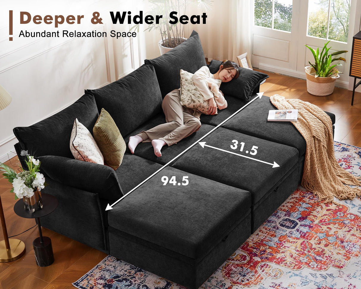 ABCASA 99" Modular Sofa Couch, Comfy 3-Seater Chenille Fabric Couch for Living Room, Office, Apart W/Deep Seat, High Backrest, Upholstered Couch W/Removable Cover, Black ABCASA