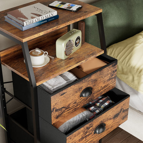 Furnulem Nightstand with 3 Drawers and 2-Tier Shelf, Fabric Small Dresser Organizer Vertical Storage Tower for Bedroom, Closet, Hallway, Nursery, End Table Side Furniture, Sturdy Steel Frame, Wood Top Furnulem