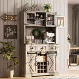 72" Farmhouse Bar Cabinet with Sliding Barn Door, Tall Kitchen Buffet with Storage Hutch and 3 Drawer, Rustic Coffee Wine Bar Sideboard with Wine & Glasses Rack, for Living Room, Washed Grey GarveeHome