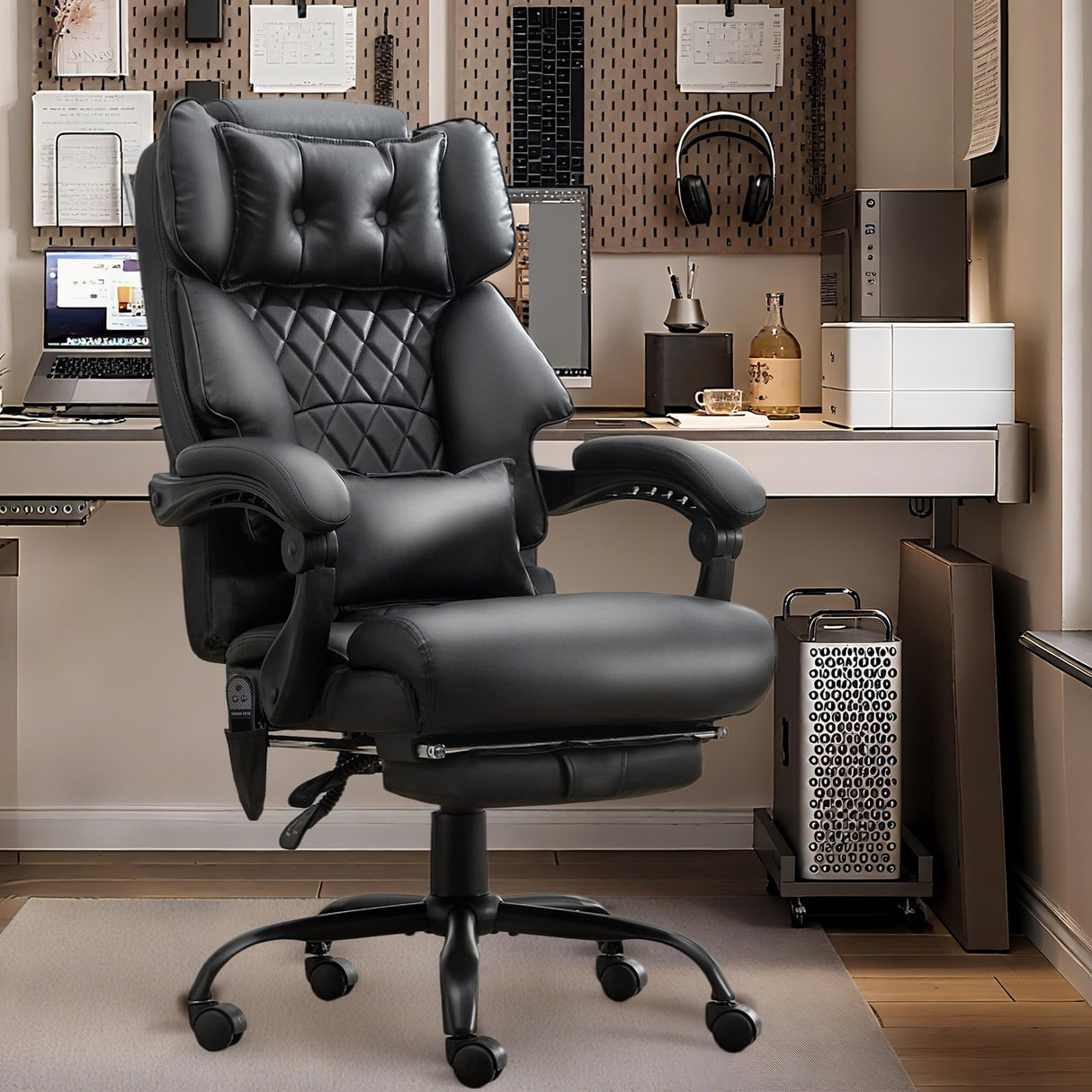 Massage Office Chair with Foot Rest,3D Kneading & Heat Executive Office Chairs,Big and Tall Leather Office Chair 500LBS,Ergonomic Desk Chair for Heavy People,Recliner with Dual-Use Pillow,Black BLISNEST