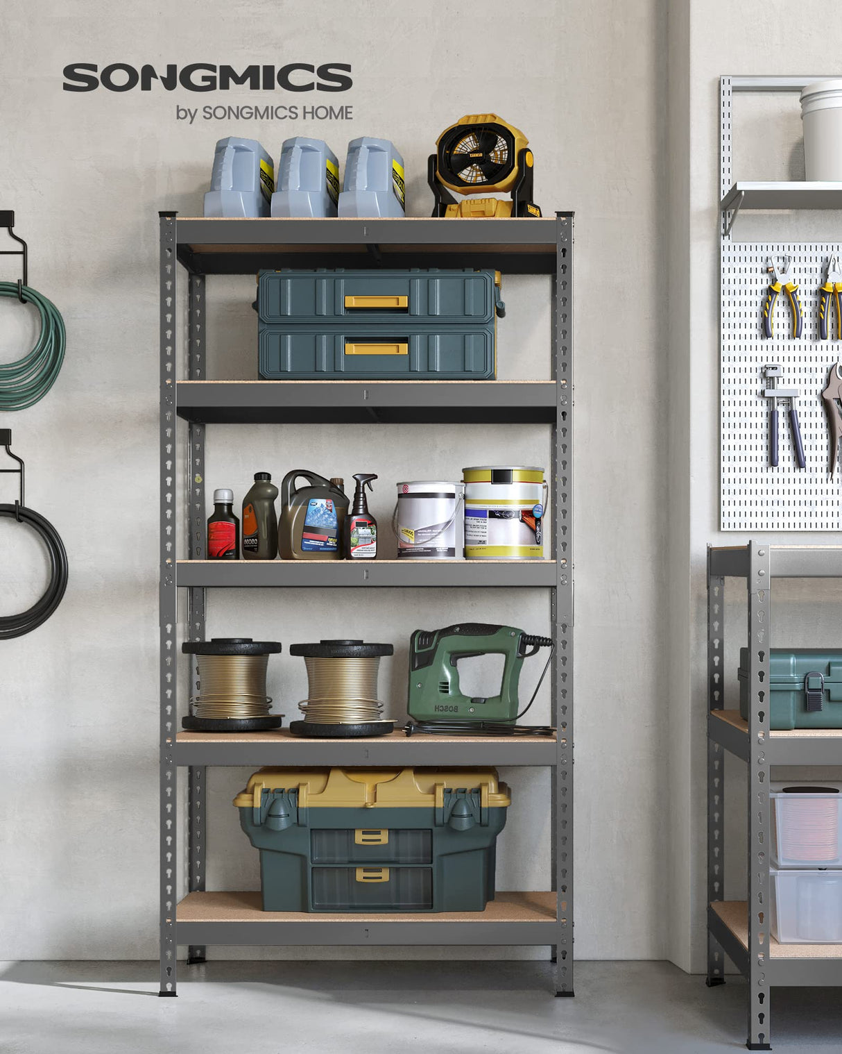 SONGMICS 5-Tier Storage Shelves, Garage Storage, Boltless Assembly, Adjustable Shelving Unit, 17.7 x 35.4 x 70.9 Inches, Load 1929 lb, for Shed Warehouse Basement Kitchen, Gray UGLR450G01 SONGMICS