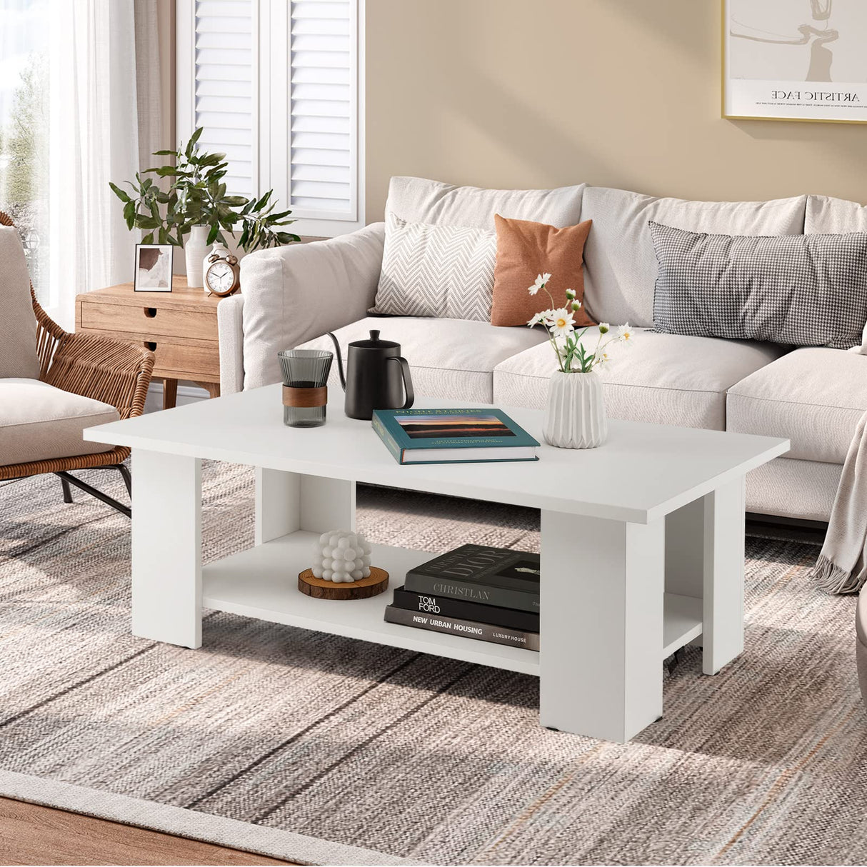 Giantex Rectangle Wood Center Table, 36" L 2-Tier Large Modern Tea Table w/Open Compartment, Easy Assembly, Accent Coffee Table for Living Room, Reception Room, White Giantex