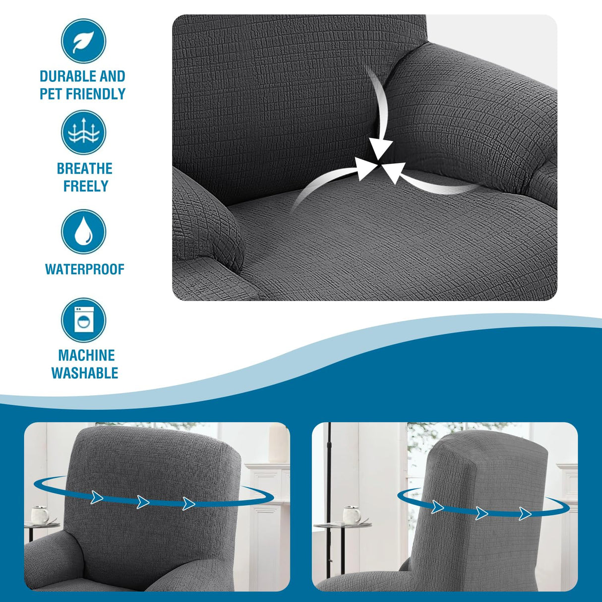 H.VERSAILTEX 100% Waterproof Stretch Recliner Cover 1 Piece Electric Power Lift Recliner Chair Slipcovers Furniture Protector Couch Soft with Elastic Bottom, Medium,Grey H.VERSAILTEX