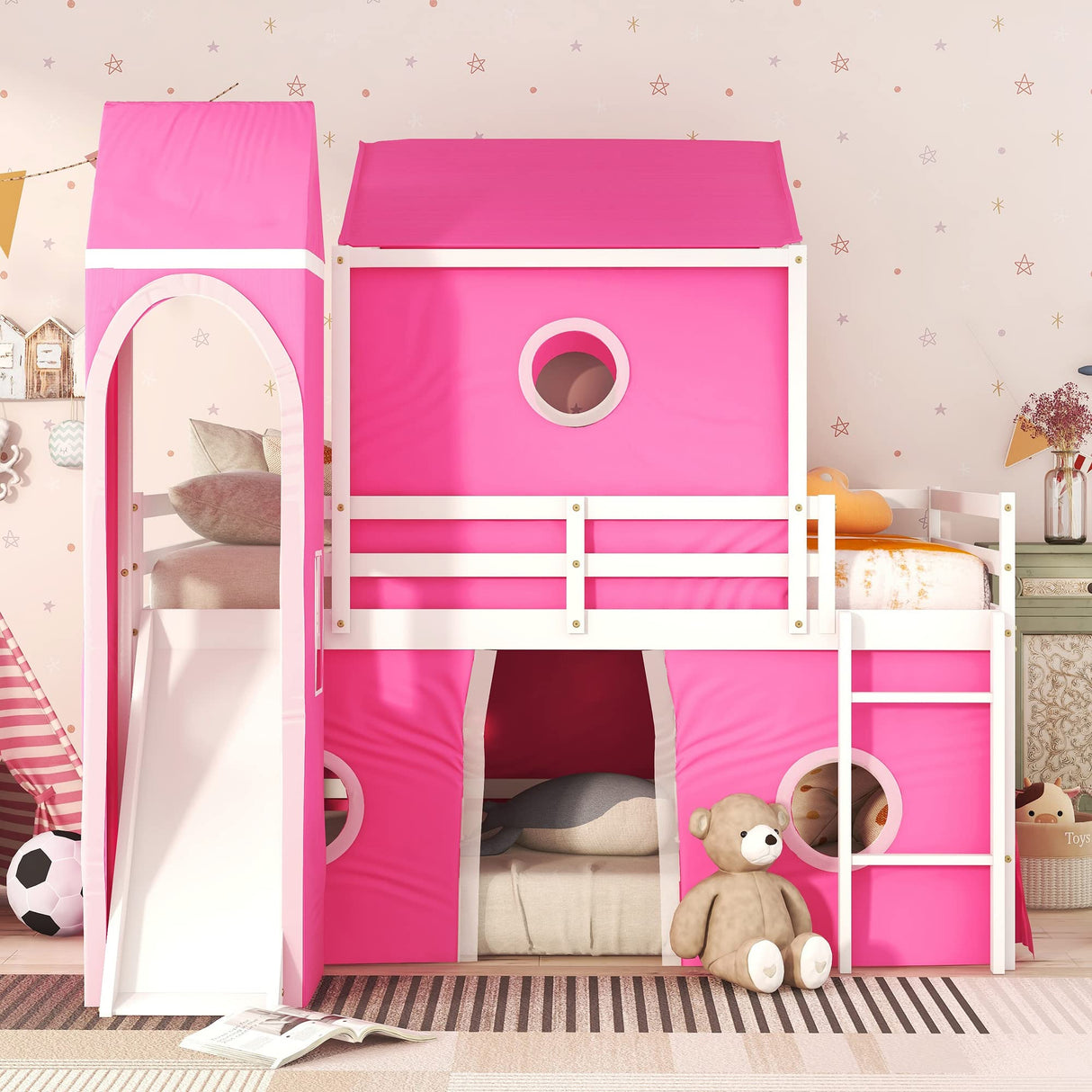 House Full Loft Bed Frame with Slide and Tent, Full Size Loft Bed with Small Pinnacle and Ladders, Wood Full Bunk Beds, Playhouse Bed Frame for Kids, Teens, Boys & Girls (Full Size, Pink) Harper & Bright Designs