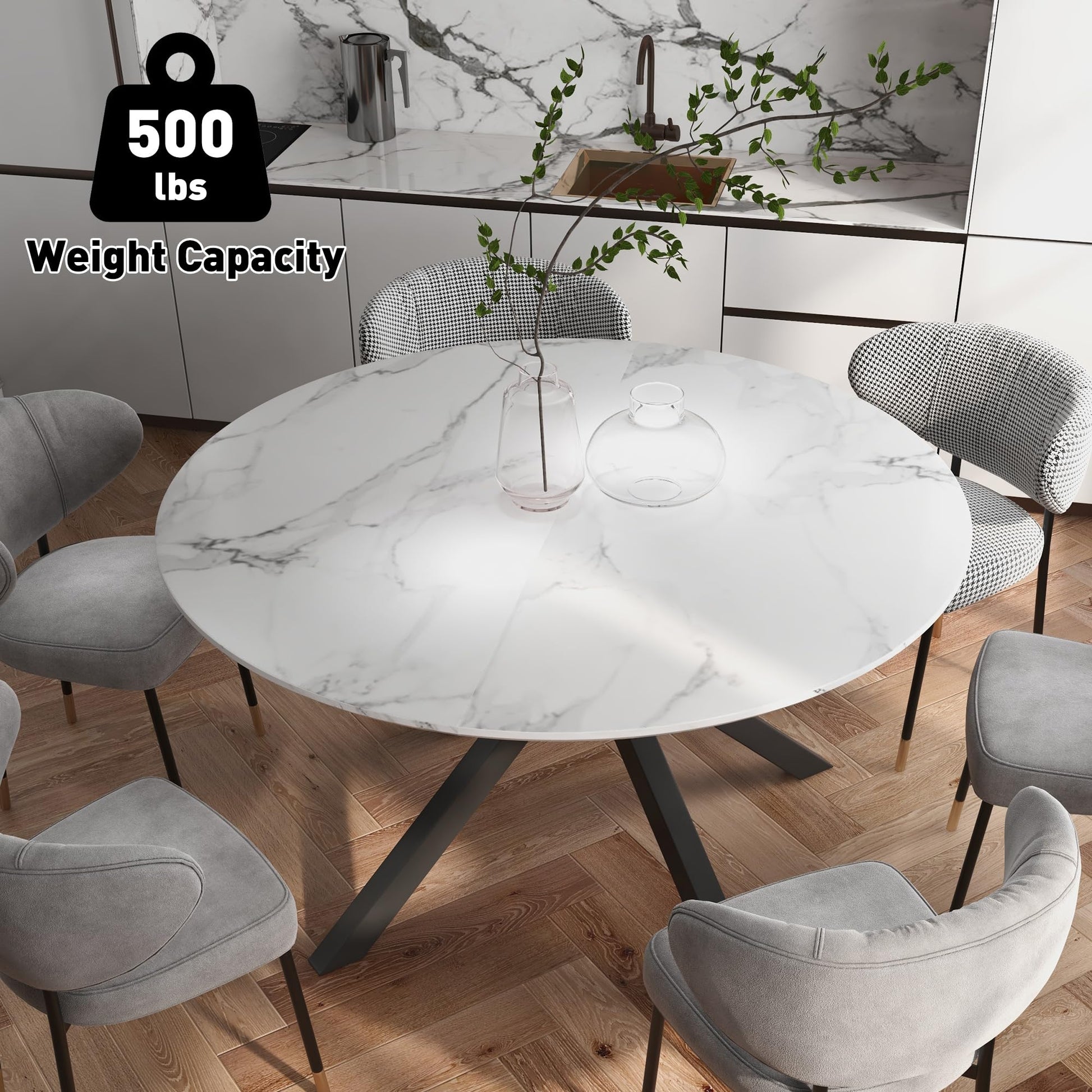 53'' White Round Dining Table for 4-6 Wood Kitchen Table Faux Marble Table Top & Pedestal Base Mid-Century Modern for Home, conference,office, Restaurant, Easy-Assembly - WoodArtSupply