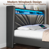 Rolanstar Full Size Bed Frame, Storage Headboard with Charging Station and LED Lights, Upholstered Bed with Heavy Duty Wood Slats, No Box Spring Needed, Noise Free, Easy Assembly, Black Rolanstar