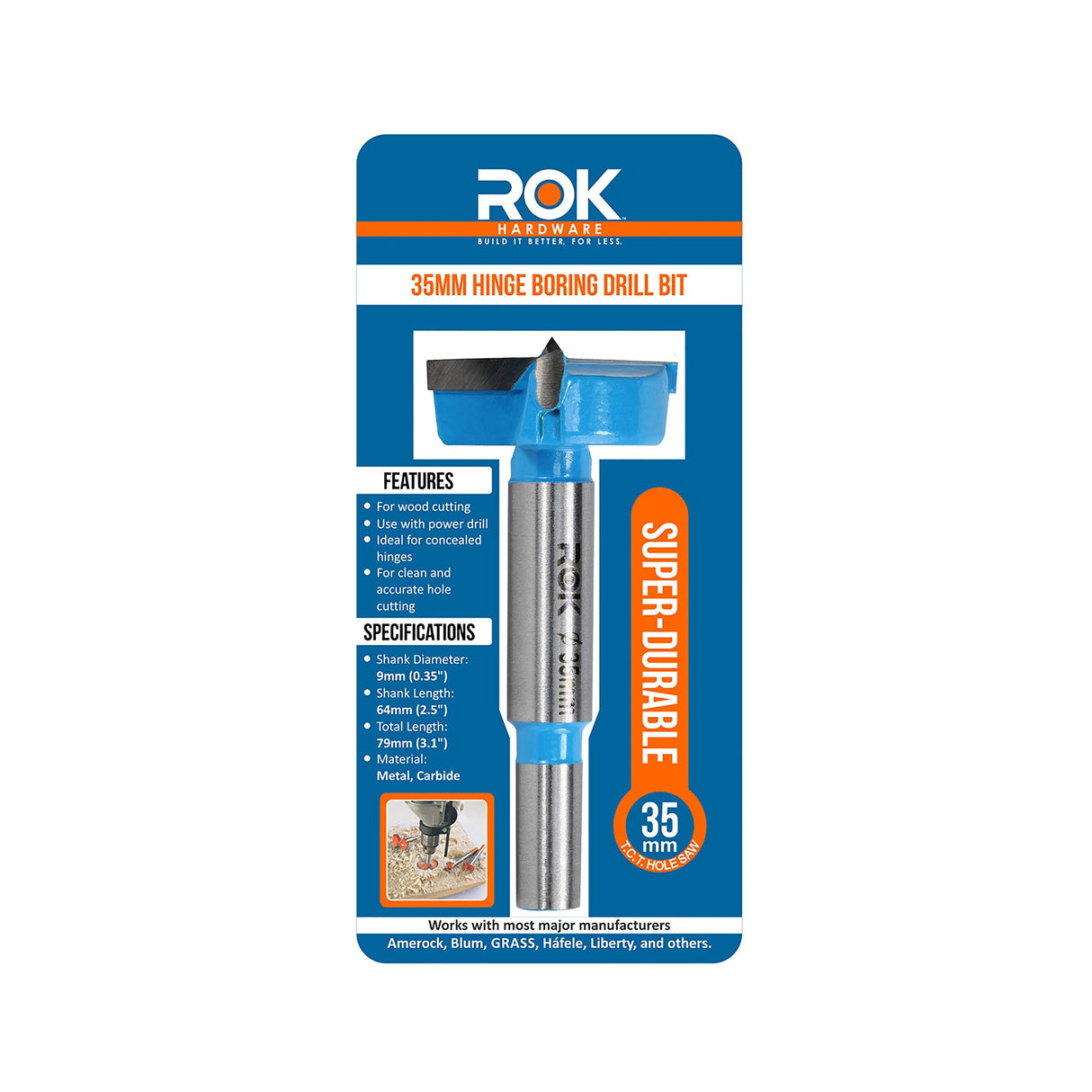 Rok Hardware 35mm Hinge Boring Forstner Drill Bit, Blue ROKBB35BLUE Rok