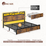 EnHomee Farmhouse King Size Bed Frame with 2 Storage Drawers & LED, Metal King Bed Frame Built in Charging Station,NO Noise,No Box Spring Needed,Brown EnHomee