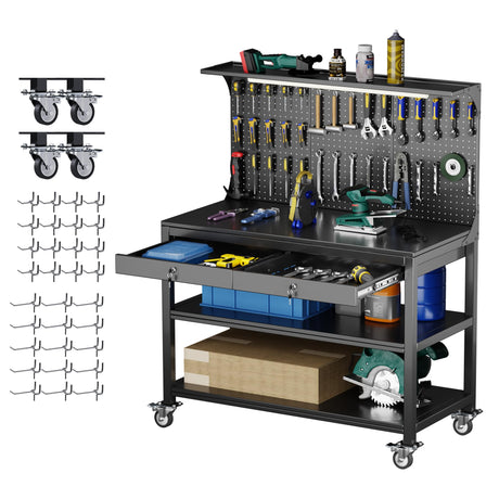 Aobabo Metal Workbench with 2 Lockable Drawer, Steel Tube Legs Workbench on Wheels, 3 Levels Workbench with Pegboard &35 Hooks for Garage Warehouse Utility Room, Black Tool Bench, Assembly Required Aobabo