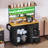 YITAHOME Bakers Rack with Power Outlet and LED Light, 53 Inch Microwave Stand with Storage Cabinet Thickened Counter, Farmhouse Coffee Bar Cabinet on Wheels Tall Shelf for Spices, Cups, Pots, Black YITAHOME