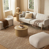 mopio Quin Tambour Round Circle Coffee Table with Storage, Drum Accent, Mid Century Modern, Wood, Fluted Center, Tea Table with Removable Lid, Living Room (Light Oak) mopio