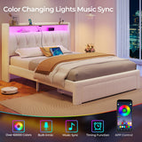 Rolanstar Twin Bed Frame with Drawer, Storage Headboard with Charging Station and LED Lights, Upholstered Bed with Heavy Duty Wood Slats, No Box Spring Needed, Noise Free, Easy Assembly, Beige Rolanstar