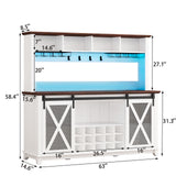 63 Inch Farmhouse Coffee Bar Cabinet with LED Lights, Wine Bar Cabinet with Storage, Kitchen Buffet Hutch with Sliding Barn Door, 15-Bottle Wine Rack, 4 Hooks & Glass Holder, Adjustable Shelves, White CayugaCrekrd