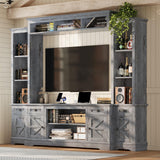 AMERLIFE 98" Farmhouse Entertainment Center Wall Unit with Bookshelves, Wine Cabinet, Fits 78" TVs, Large TV Stand with Power Outlets & Barn Door, Rustic Media Console for Living Room, Gray AMERLIFE