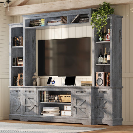 AMERLIFE 98" Farmhouse Entertainment Center Wall Unit with Bookshelves, Wine Cabinet, Fits 78" TVs, Large TV Stand with Power Outlets & Barn Door, Rustic Media Console for Living Room, Gray AMERLIFE
