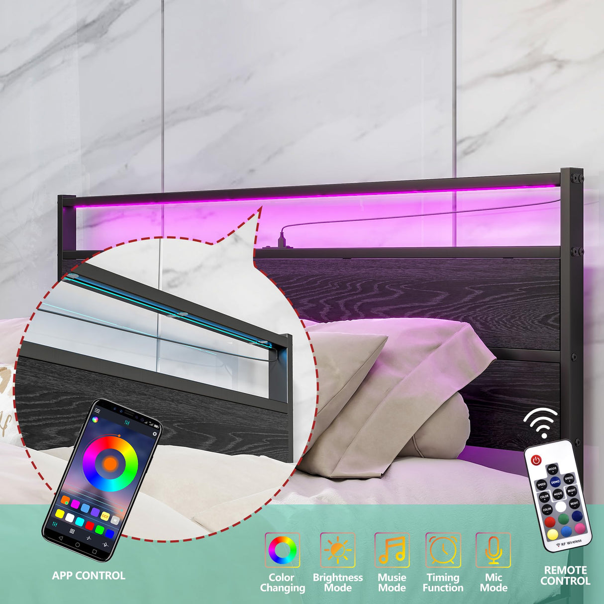 Full Size BOFENG Bed Frame with Wood Headboard, LED Lights & USB Charging Station BOFENG