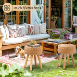 LGENHOOM Natural Handwoven Water Hyacinth Ottoman, Round Footstool with Solid Wood Legs, 17-Inch Multipurpose Vanity Stool, Dining Chair, or Patio Footrest for Balcony and Garden, Original LGENHOOM