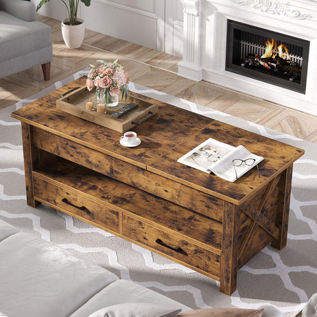 Seventable Coffee Table, 47.2" Lift Top Coffee Table with 2 Storage Drawers and Hidden Compartment, Farmhouse Center Table with Wooden Lift Tabletop, for Living Room,Rustic Brown Seventable