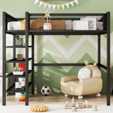 Bellemave Full Size Loft Bed with 4-Tier Shelves and Storage, Metal Loft Bed with Bookshelf, Full Size Loft Bed with Storage Stairs(with Bookshelf, Black) Bellemave