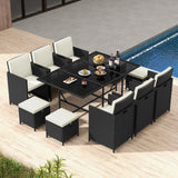 Tangkula 11 Pieces Patio Dining Set, Space-Saving Wicker Chairs & Tempered Glass Table with Ottomans, Thick Soft Cushions, Outdoor Conversation Furniture Set for Garden Yard Poolside Tangkula