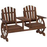 Outsunny Wooden Garden Bench with Table, Umbrella Hole, 2-Seat Wagon Wheel Outdoor Bench with Slatted Seat, High Backrest, Armrests for Backyard, Patio, Garden, Carbonized Outsunny