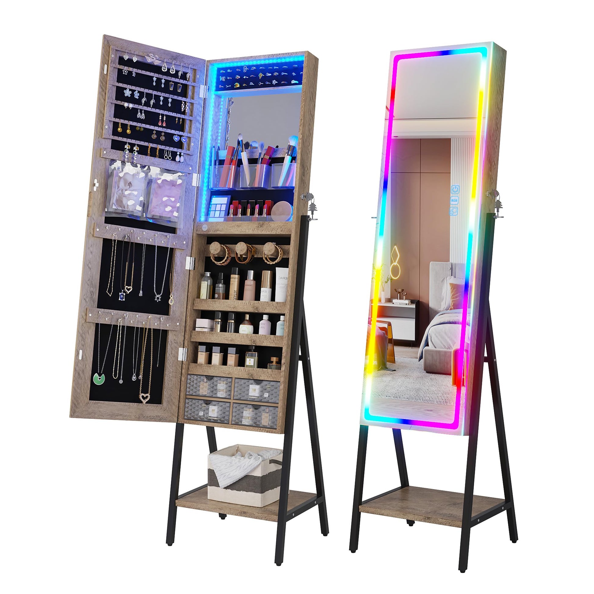 HNEBC RGB LED Mirror Jewelry Cabinet,Standing Jewelry Armoire Organizer Full Length Mirror with Storage, Lockable Jewelry Mirror for Women's Christmas Gift, 14 Lighting Modes (RGB-Wood) - WoodArtSupply