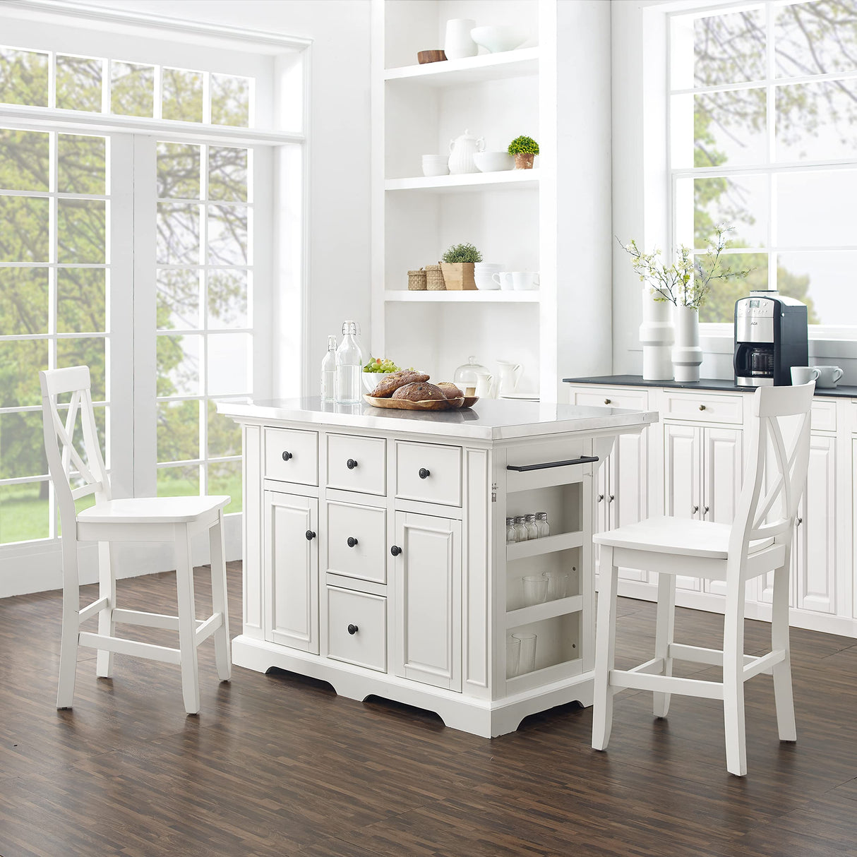 Crosley Furniture Julia Stainless Steel Top Island with Storage, Coffee Bar, and a Set of 2 X-Back Stools, White Crosley Furniture