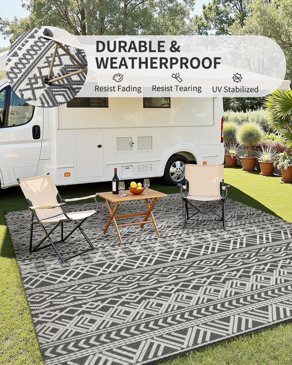 MontVoo Outdoor Rug Carpet Waterproof 5x8 Outdoor Patio Rug Mat Reverisble Plastic Straw Outdoor Rug for RV Camping Picnic Beach Balcony Boho Grey MontVoo