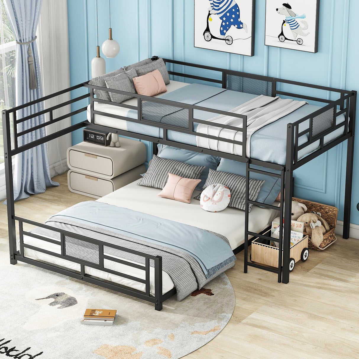 Heavy Duty Bunk Beds Twin Over Full Size, L-Shaped Bunk Bed with Full Length Guardrail and Ladder, No Box Spring Needed, Black Bunk Bed Twin Over Full Bellemave