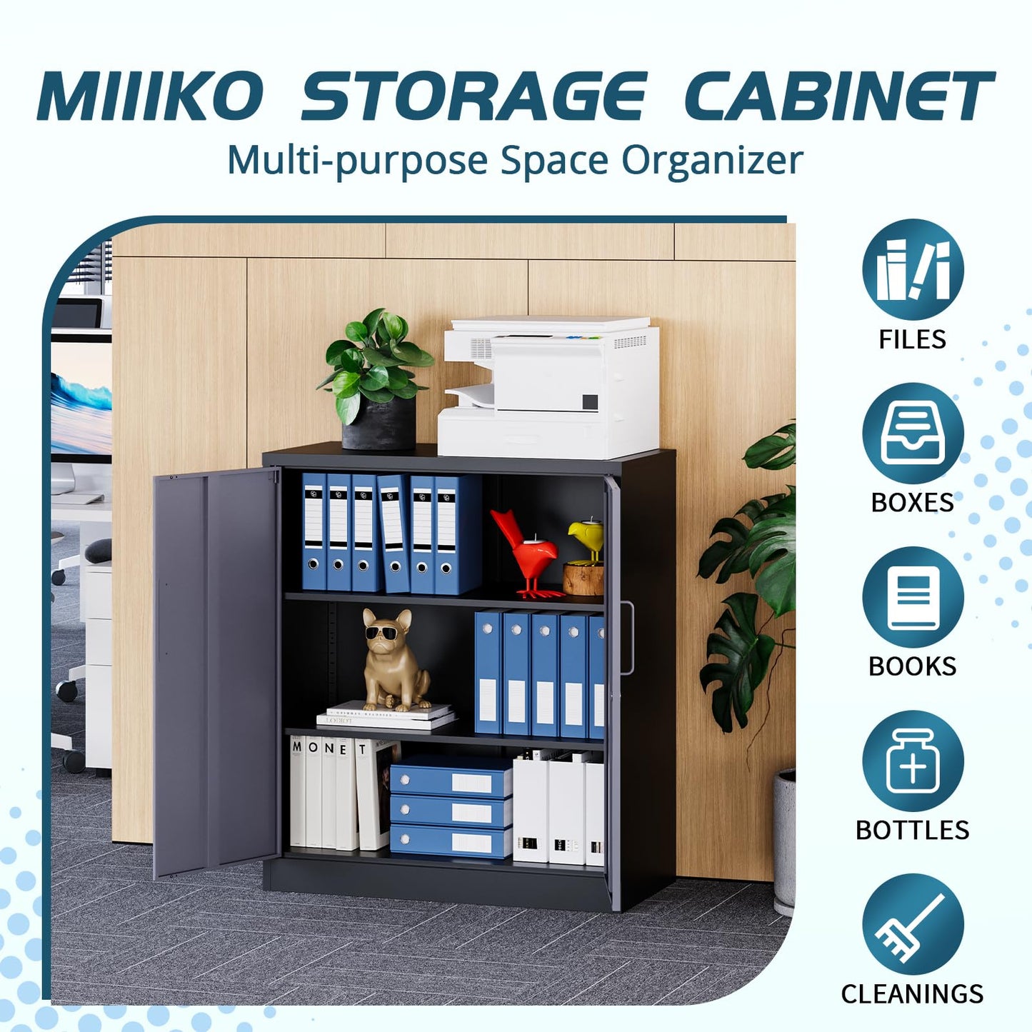 MIIIKO Metal Storage Cabinet, Base Cabinets 2 Door, Steel Storage Cabinets with Locking Doors and Shelves for Garage, Kithen, Home Office and Classroom