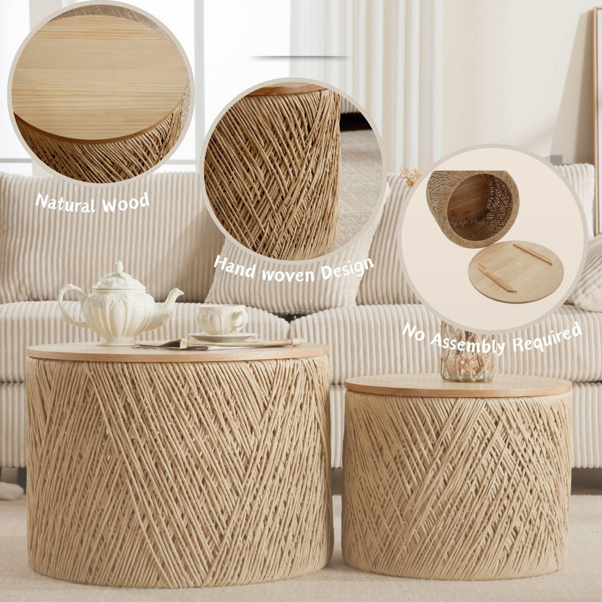 DM Furniture Nesting Coffee Table Set of 2, Natural Round Wooden Coffee Tables Rustic Woven Circle Side/Sofa Table for Small Space Living Room Bedroom Apartment No Assembly Required DM Furniture