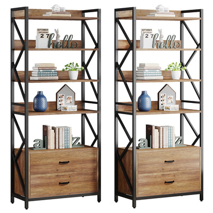 Tribesigns 70.8" Rustic Brown Industrial Bookshelf with Drawers and Open Shelves - WoodArtSupply