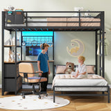DICTAC Bunk Bed with L-Shaped Desk,5 Storage Drawers and 2 Shelves Metal Twin XL Over Twin Bunk Bed with LED Lights and Charging Station,bunk Beds with Safety Guardrail & Ladder,Space-Saving,Black DICTAC