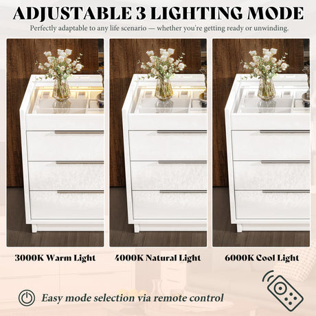 AMERLIFE 47.2" W 8 Drawer Dresser with LED Light & Glass Top, Modern High Gloss Storage Chest with 2 Jewelry Drawers, Storage Organizer for Bedroom, White AMERLIFE