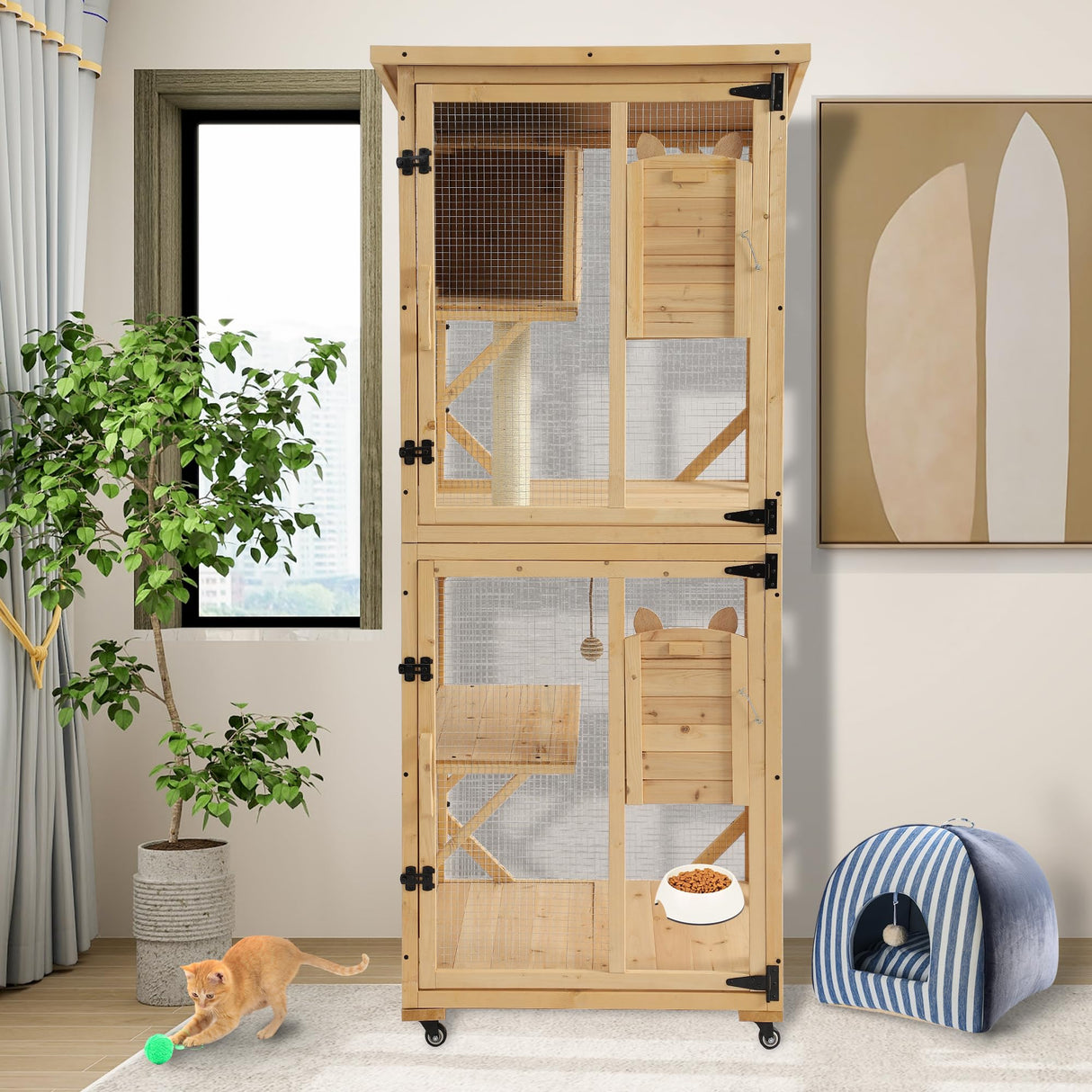 GIODIR 71" H Cat Catio Outdoor Cats Enclosure Window, 4 Tiers Cat Wooden House Cage on Wheels, Large Catios for Cats Indoor Patio with Waterproof Roof, Removable Floor and Scratching Post (Natural) GIODIR