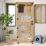 GIODIR 71" H Cat Catio Outdoor Cats Enclosure Window, 4 Tiers Cat Wooden House Cage on Wheels, Large Catios for Cats Indoor Patio with Waterproof Roof, Removable Floor and Scratching Post (Natural) GIODIR