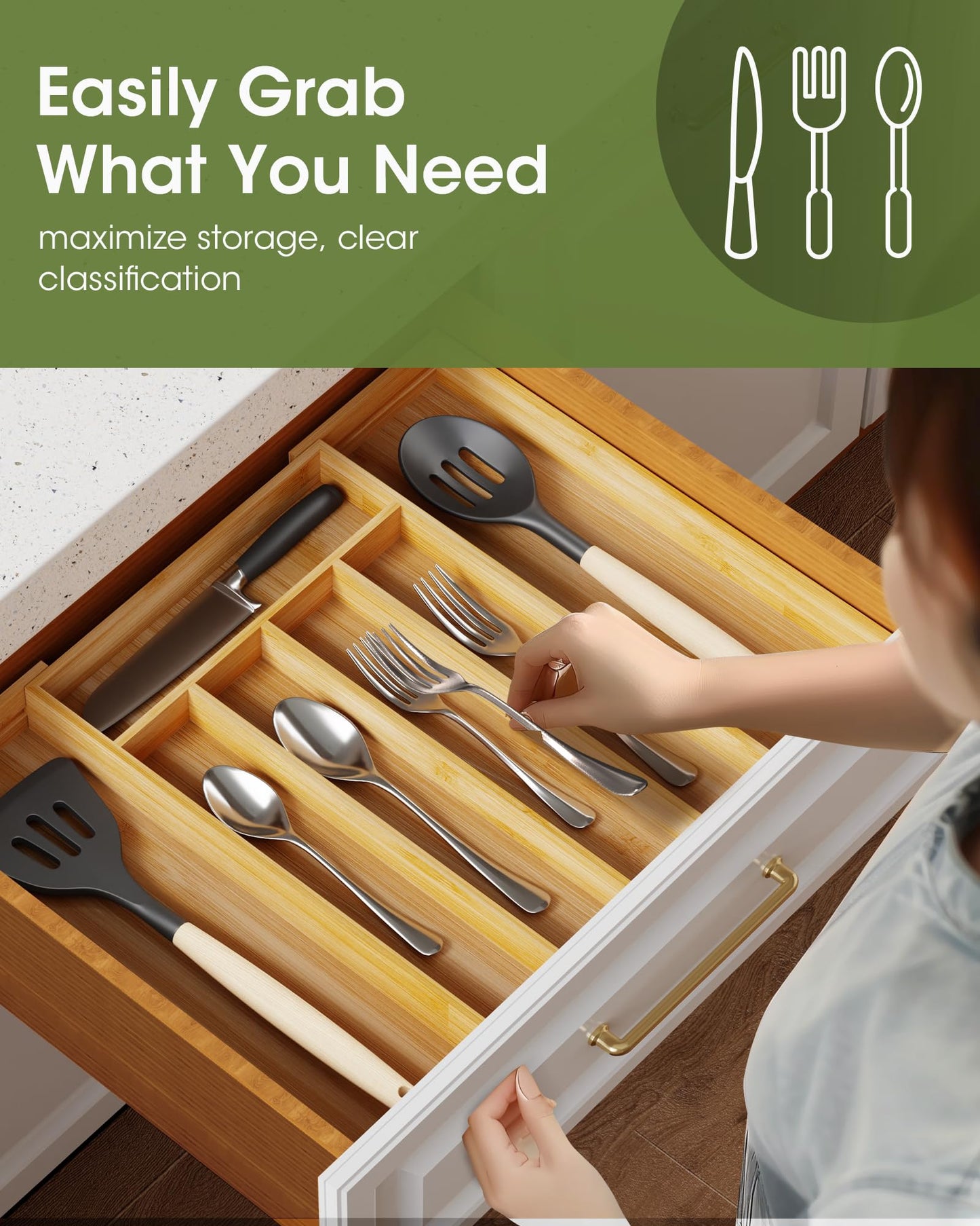 AUJEN Bamboo Silverware Organizer - Expandable Drawer Organizer, Adjustable Utensil Organizer, Kitchen Cutlery Drawer Organizer, Kitchen Organizers and Storage Holder for Flatware, 5-7 Slots, Natural