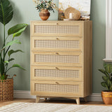 AOGLLATI Rattan Dresser for Bedroom with 5 Drawer, Modern Double Wooden Tall Bedroom Dresser, Chest of Drawers with Metal Handle & Solid Wood Legs for Bedroom/Living Room, AOGLLATI