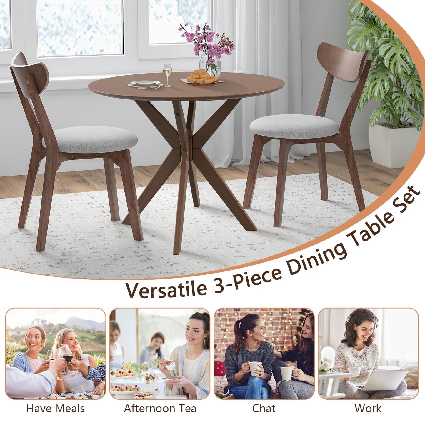 Tangkula 3-Piece Dining Table and Chair Set, Round Wooden Dining Set with Cushioned Chairs, Mid-Century Farmhouse Table and Chair Set for Kitchen and Living Room - WoodArtSupply