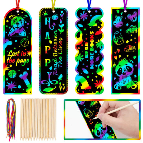 GOMANCHE 40 Sets Scratch Art for Kids, 4 Styles Magic Rainbow Bookmarks Craft Kit, Scratch Paper Art Sets for Students Party Bag Fillers GOMANCHE