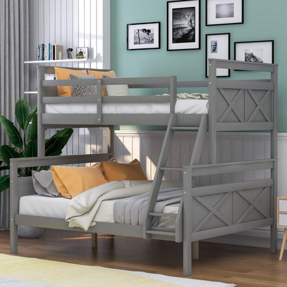 Majnesvon Grey Twin Over Full Bunk Bed Frame with Ladder and Guardrail, Convertible to Two Beds - WoodArtSupply