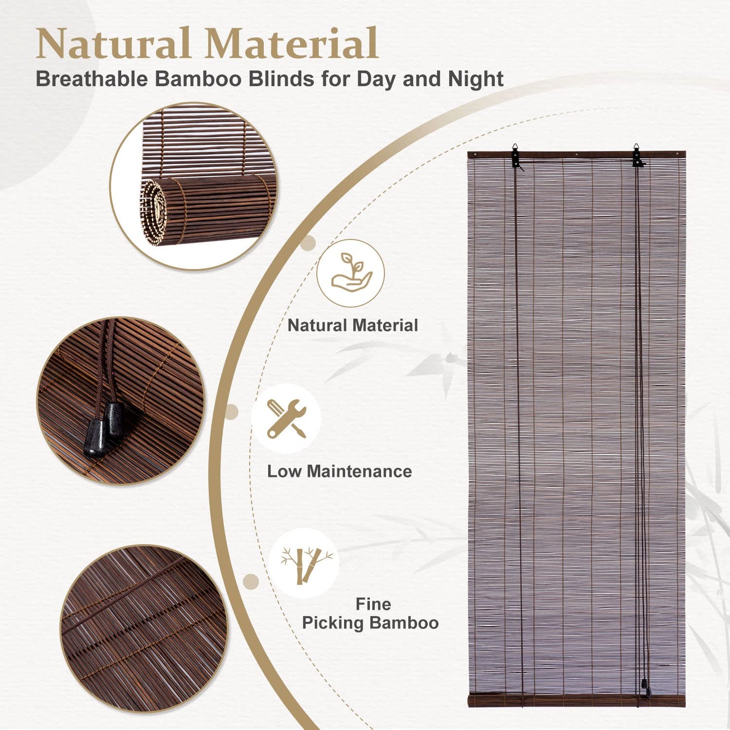 Alimoo Natural Bamboo Roll-Up Blinds - Light Filtering Shades for Indoor & Outdoor Use, 32" W x 72" L