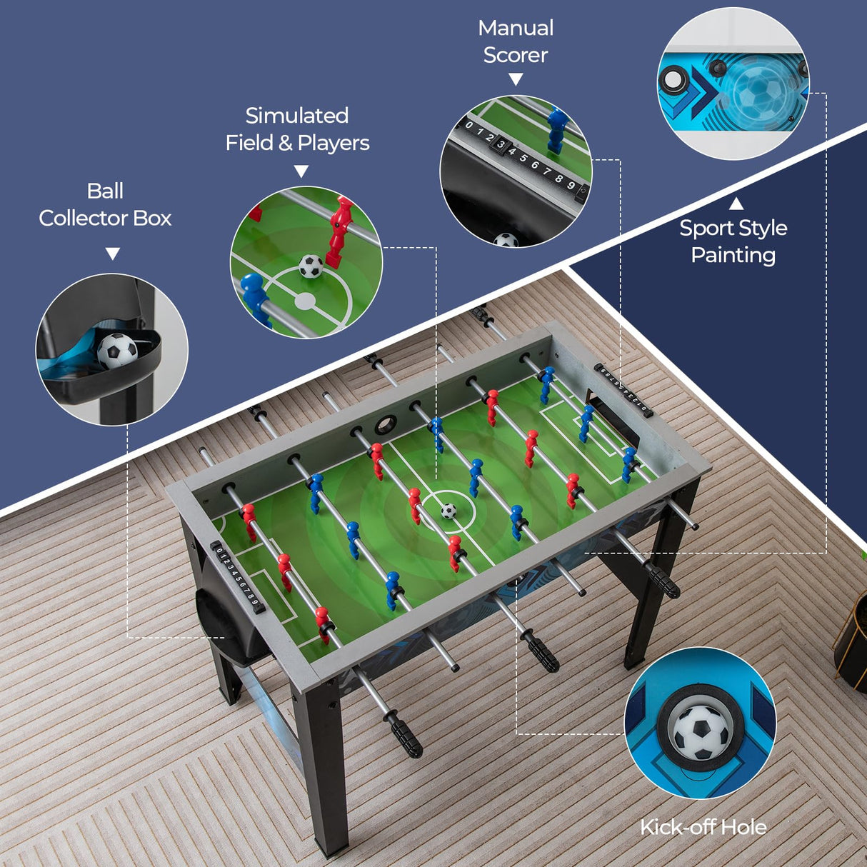 Goplus Foosball Table, Freestanding Soccer Table Game with 2 Footballs, Ergonomic Handle, 18 Realistic Players, Adults Youth Kids Foosball Games for Indoor, Game Room, Office, Party Goplus