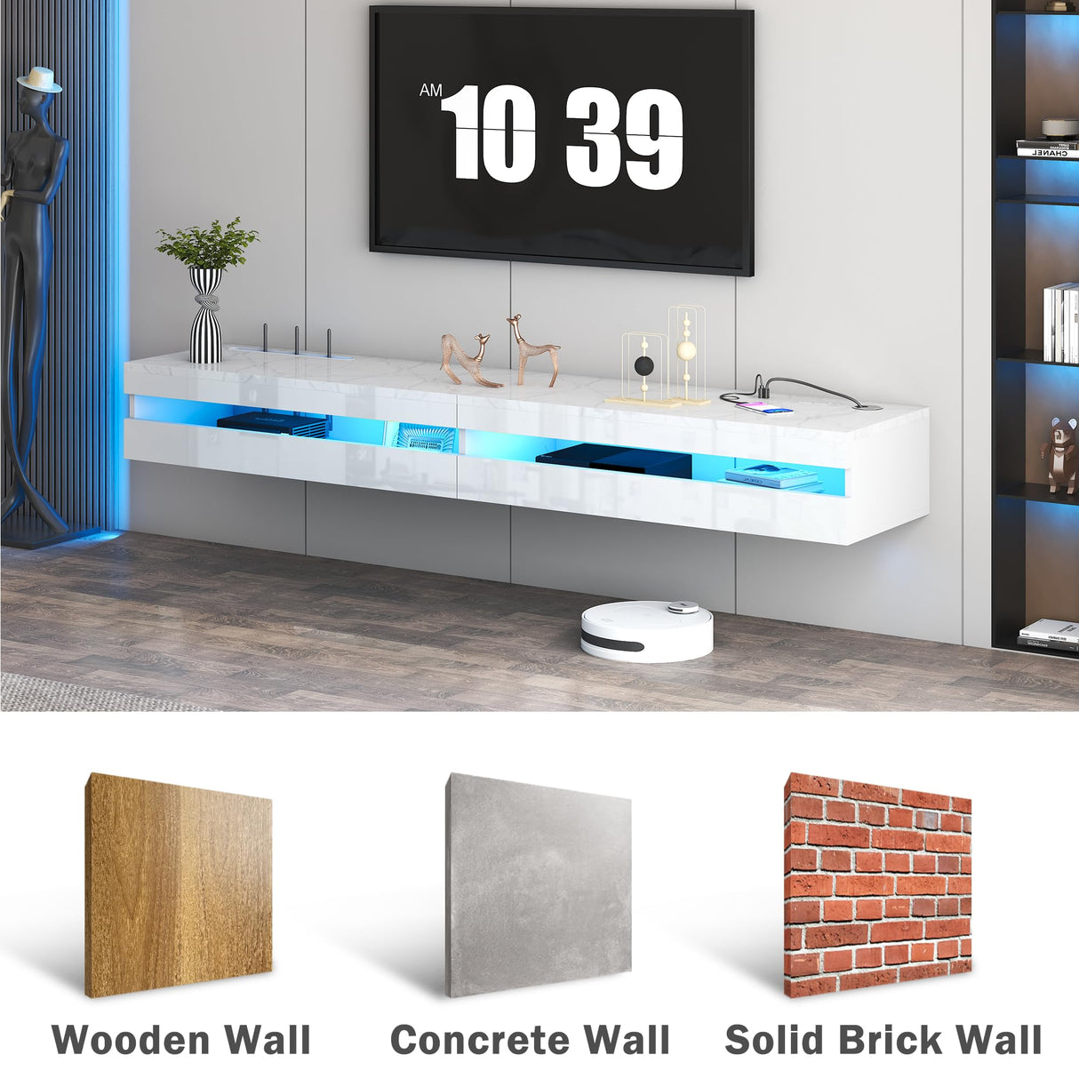 EXQUAL Floating TV Stand - 71'' Floating Entertainment Center with LED Light & Charging Station, Floating TV Shelf with Storage for Living Room, Gaming Room, Media Console for 75 INCH TVs EXQUAL