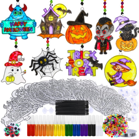 27 Sets Halloween Suncatcher Ornaments Decoration DIY Window Paint Art Craft Kit Jack-O'-Lantern Ghost Vampire Witch Spider Sun Catchers for Halloween Classroom Party Art Activity Trick or Treat Gift Winlyn