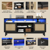 UPOSOJA TV Stand for 75 Inch TV Rattan TV Cabinet with Adjustable Shelf Storage, Modern LED Entertainment Center, Boho Media TV Console, Media TV Stands for Living Room Bedroom (Black) UPOSOJA