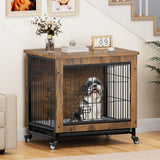 DWVO Dog Crate Furniture with Wheels, 27" Dog Kennel Indoor with Cushion, Dog Crate End Table with Tray, Dog Cage with Double Doors for Small Dog (Rustic Brown) DWVO