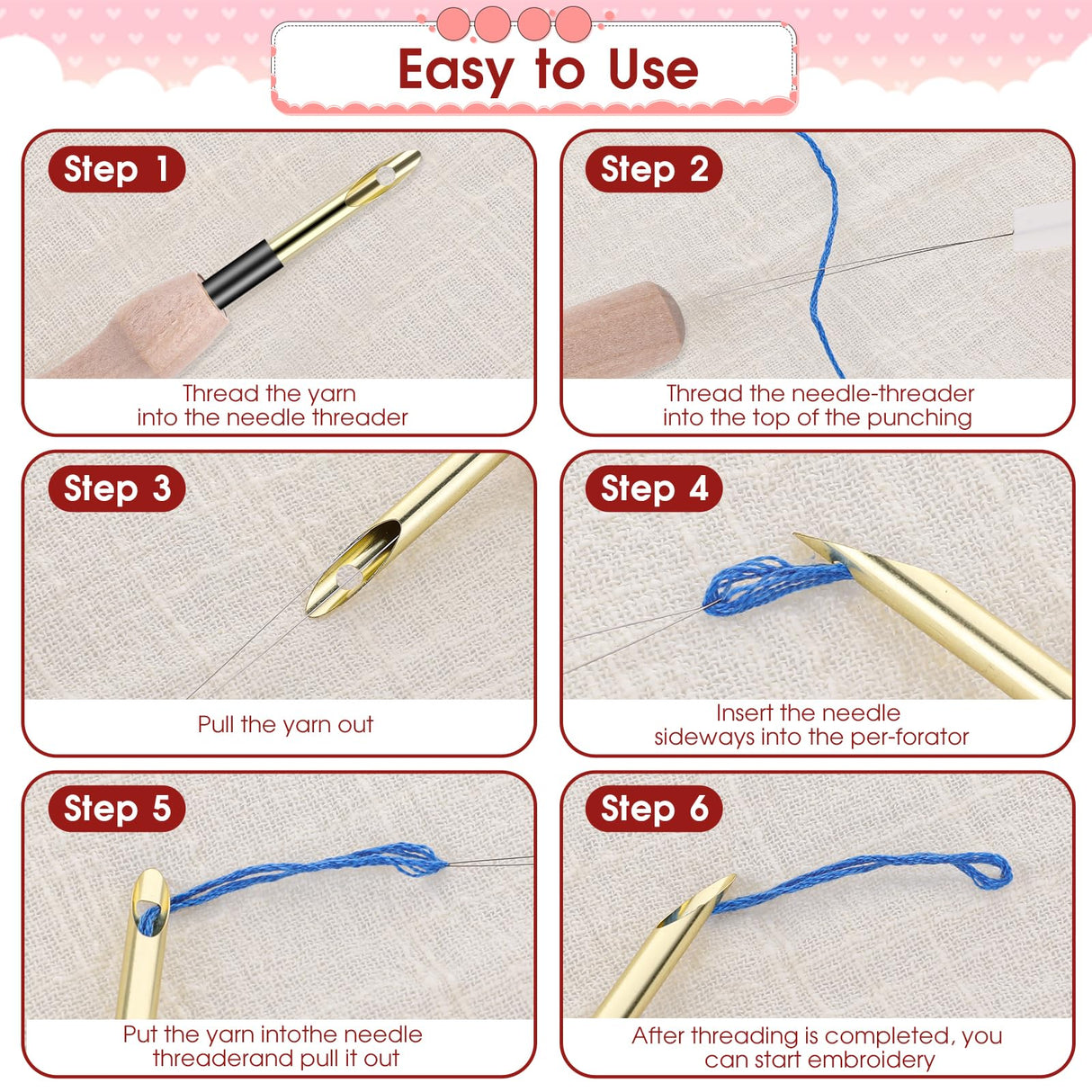 12 Pcs Punch Needle Kit, Embroidery Punch Needle Tool Wooden Handle Embroidery Tool Punch Needle Threader Set for Adults Beginner Yarn Floss Cross Stitching Piriuuo